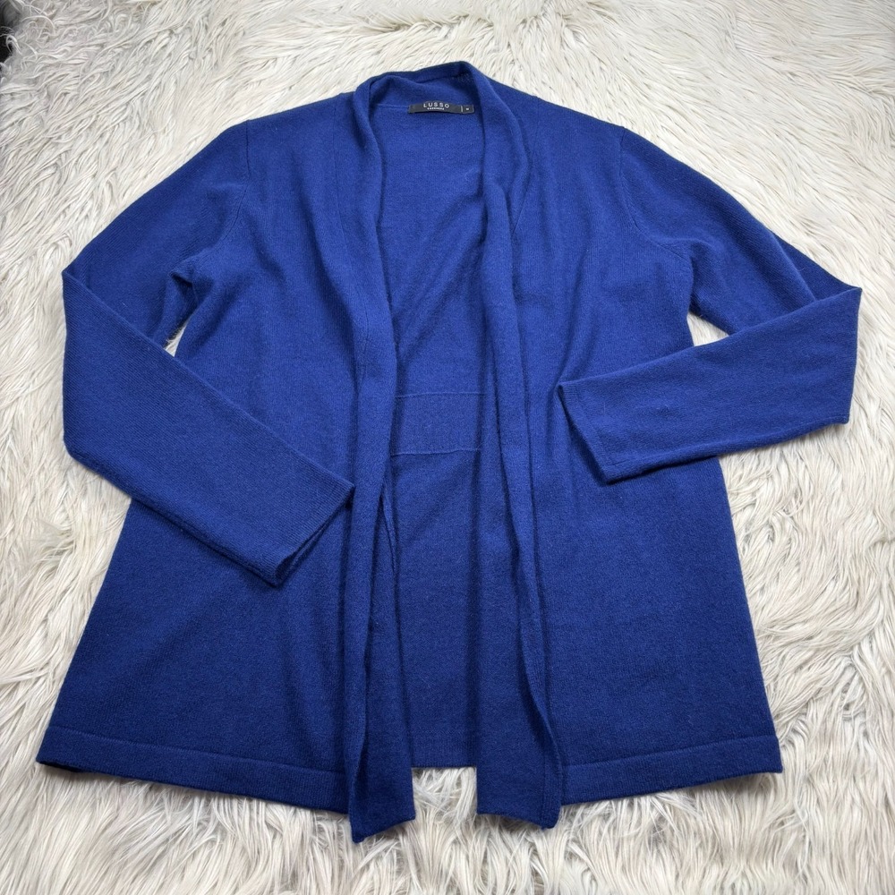 Lusso Women's M‎ Blue Open Front 100% Cashmere Cardigan Sweater Quiet Luxury